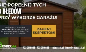 Brązowy garaż dwustanowiskowy z napisem "Nie popełnij tych 3 błędów przy wyborze garażu!". Zaufaj ekspertom Robexstal.