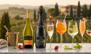 Casa Pecunia Prosecco Frizzante i koktajle na tle winnic. Frizzante to lekko musujące wino, idealne na letnie wieczory.