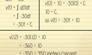 Calcolo della velocità media: a(t) = -30, v(t) = -30t + 10. Dopo 12 secondi, v(12) = -350, ovvero 350 m/s.