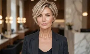 Kobieta z krótkimi, blond włosami w garniturze, patrząca w obiektyw.