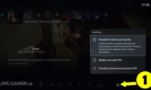 Menu zasilania PS5: opcja "Wyłącz konsolę PS5" jest podświetlona, pokazując, jak wylaczyc ps5.