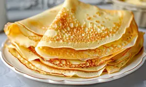 En hög med gyllene, tunna plättar på en vit tallrik. Perfekt för att lära sig hur gör man plättar till frukost eller fika.