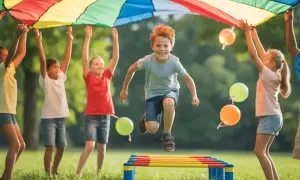 Dzieci bawią się pod kolorowym kółkiem graniastym, skacząc przez przeszkody i rzucając balonami.