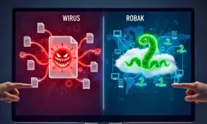 Wirus atakuje pliki, a zielony robak rozprzestrzenia się po sieci, symbolizując zagrożenia cyfrowe.