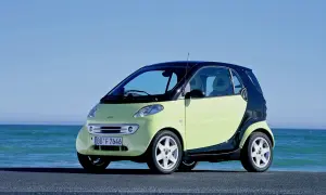 Jasnozielony smart fortwo 450 z czarnym dachem i czarnymi panelami bocznymi stoi nad błękitnym morzem.