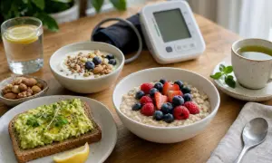 Colazione sana per la pressione bassa: porridge con frutti di bosco, yogurt con frutta secca, toast all'avocado e tè verde.