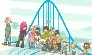 Un grupo de niños se alinea bajo una curva de campana, mostrando la distribución de la altura. El niño más bajo, en el extremo izquierdo, representa el percentil 25.