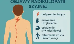 Ilustracja przedstawia sylwetkę człowieka z zaznaczonym kręgosłupem szyjnym i objawami radikulopatii: ból, mrowienie, osłabienie mięśni.
