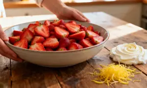 Un bol de fraises coupées en deux, prêt pour un dessert. De la crème fouettée et des zestes de citron sont à côté.