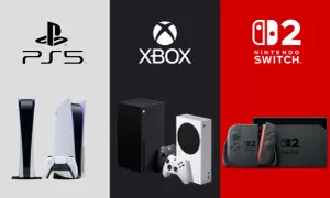 Konsola PlayStation 5, Xbox Series X/S i Nintendo Switch z kontrolerami.