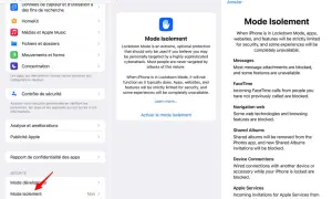 Captures d'écran d'un iPhone montrant les réglages de confidentialité et sécurité, avec une section dédiée au mode Isolement.