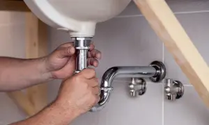 Hände schrauben am Siphon unter dem Waschbecken. Ein Handwerker reinigt den Siphon, um Verstopfungen zu beseitigen.
