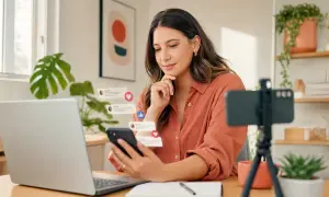 Eine Frau, die zeigt, was Influencer sind, interagiert mit ihrem Smartphone, während ein Laptop und eine Kamera bereitstehen.