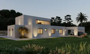 Moderna casa prefabricada con jardín y coches aparcados bajo un porche.