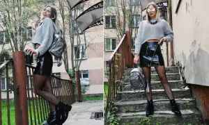 Szara bluzka z odkrytymi ramionami i skórzana spódnica tworzą modny zestaw. Do tego rybaczki i botki.