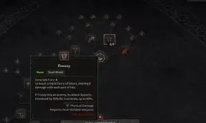 Drzewko umiejętności Diablo 4: Barbarzyńca z aktywną umiejętnością "Frenzy" (Szał) w trybie "Dual Wield" (dwuręczny). Idealny build dla graczy lubiących szybkie ataki.
