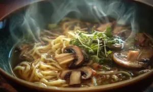 Gorąca zupa ramen z grzybami i kiełkami, parująca i kusząca. To właśnie smak umami, który sprawia, że chce się więcej.