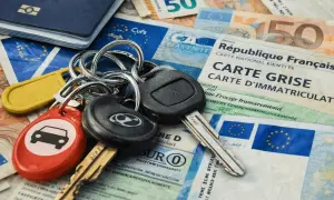Kluczyki do auta, paszport i dokumenty, w tym karta pojazdu (carte grise) i pieniądze, sugerują podróż lub zakup samochodu. RLU rejestracja wkrótce!