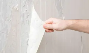 En hand drar bort gammal papperstapet. Tapeten flagnar och visar spår av tidigare mönster.