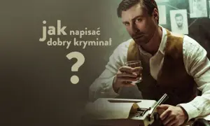 Mężczyzna z drinkiem przy maszynie do pisania, zastanawia się, jak napisać kryminał. Na ścianie wiszą zdjęcia.