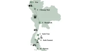 Reiseroute für 4 Wochen Thailand: Bangkok, Chiang Mai, Pai, Koh Samui, Koh Tao und Satun. Mit Zug, Bus, Roller und Boot.