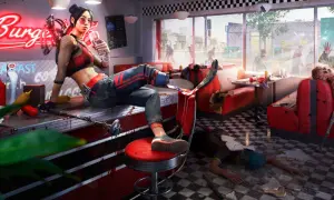 Dziewczyna z koktajlem w ręku i bronią w dinerze, gdzie trwa apokalipsa zombie. Czas gry w Dead Island 2.