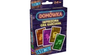 Gra karciana "Domówka" na 4 osoby. Neonowy design, karty z pizzą, flamingiem, piwem i nutami. Idealna na imprezy!
