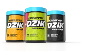 Trzy opakowania kreatyny "Dzik" o smakach mango, kwaśnego jabłka i cola lemon – idealne suplementy na siłownię.