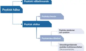 Diagram som visar sambandet mellan psykisk hälsa, psykiskt välbefinnande och psykisk ohälsa, inklusive psykiska besvär, sjukdomar och tillstånd.