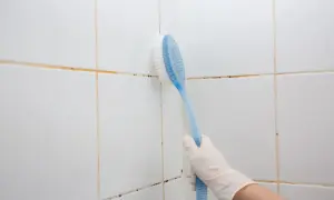 Mano con guanto bianco che pulisce le fughe della doccia con una spazzola blu.