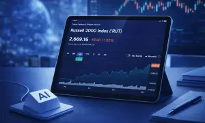 Wykres indeksu Russell 2000 na tablecie, obok klawisza z napisem "AI".
