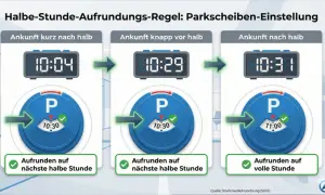 Anleitung zur Parkscheiben-Einstellung: Ankunft 10:04 wird auf 10:30 aufgerundet, 10:29 auf 10:30, 10:31 auf 11:00.