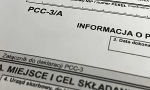 Fragment deklaracji PCC-3/A z informacją o podatku od czynności cywilnoprawnych.
