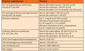 Tabela z normami badań wątrobowych: ALT, AST, bilirubina, GGTP, LDH, ChE. Wyniki badań to ważny alat diagnostyczny.