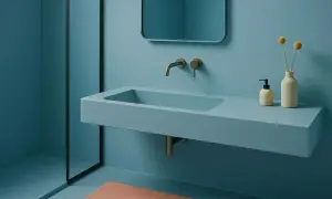 Lavabo flotante de **béton ciré** azul claro, con grifería empotrada y espejo curvo. Ducha con mampara negra.