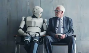 Un uomo anziano in giacca e cravatta e un robot siedono vicini, riflettendo sul futuro del lavoro. La "great resignation" è una traduzione che descrive questo cambiamento.