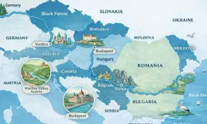 Mapa pokazuje, gdzie płynie Dunaj, od Niemiec przez Austrię (Wiedeń, Dolina Wachau), Węgry (Budapeszt), Serbię (Belgrad) po Rumunię i Morze Czarne.