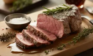 Saftig ryggbiff i ugn, perfekt skivad med rosmarin och en skål flingsalt. En festmåltid!