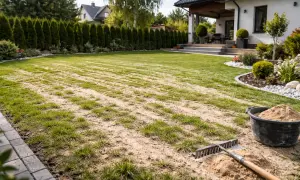 Piaskowanie trawnika w trakcie. Grabie i wiadro z piaskiem czekają na dalsze prace.