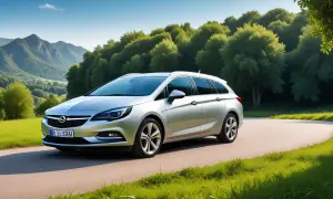 Silver Opel Astra Sports Tourer på en landsväg, omgiven av gröna kullar och träd. Kanske ett problem med bilen?