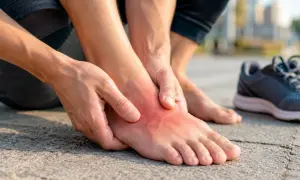 Schmerzende Wade, die auf eine Überlastung des **extensor digitorum longus** Muskels hindeutet. Ein Laufschuh liegt daneben.