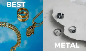 Oro y plata: anillos, pulsera y colgante. La fabricacion de joyas de alta calidad.