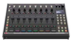 The Isla S2400 sampler, a powerful music production tool, features a sleek black design with numerous buttons, knobs, and sliders for creative control.
