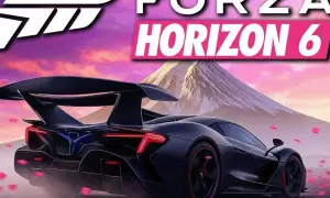 Czarny supersamochód pędzi pośród płatków róż, a w tle widać górę i napis Forza Horizon 6 premiera.