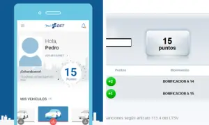 Pantalla de la app Mi DGT muestra "Hola, Pedro" y "15 puntos". A la derecha, un resumen de cómo saber los puntos que tengo, con bonificaciones.