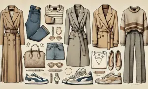 Elegancki płaszcz i wygodne adidasy to podstawa stylowej garderoby. Zestaw zawiera też jeansy, swetry i torebkę.