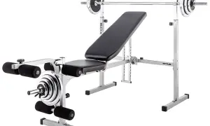 Hantelbank mit Langhantelablage und Beinbeuger-Zubehör für ein komplettes Workout zu Hause.