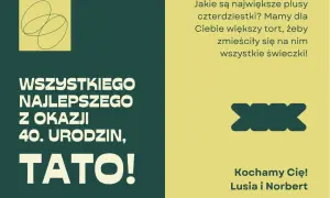 Grafika z napisem "Wszystkiego najlepszego z okazji 40. urodzin, Tato!" i zabawnym tekstem.