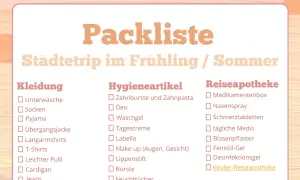 Packliste für einen Städtetrip im Frühling/Sommer mit Kategorien wie Kleidung, Hygieneartikel und Reiseapotheke.
