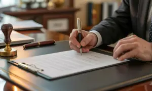 Mann in Anzug unterschreibt Dokumente, die eine Vollmacht für den Hausverkauf darstellen. Ein Siegel und ein Stift liegen bereit.